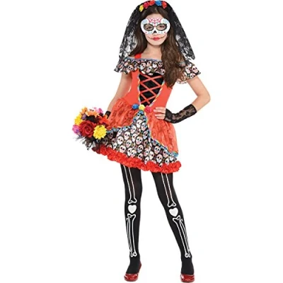 Image of amscan 848666 Girls Colourful Day Of The Dead Señorita Halloween Fancy Dress Costume Age 14 16 Years