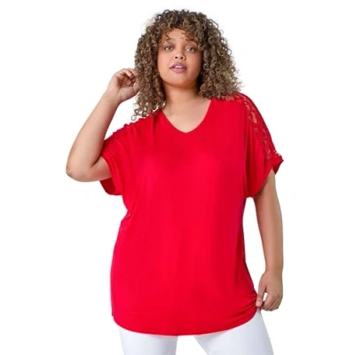 Image of Roman Curve Lace Shoulder Stretch Jersey T Shirt for Women UK Ladies Everyday Holiday Spring Summer V Neckline Comfy Soft Evening Vacation Work Party Red Size 18