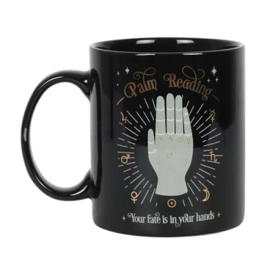 Image of Mystical Palm Reading Black Mug 9cm x 12cm (1 Pc.) Ceramic with Stunning Illustration in White and Gold Foil, Symbols Representing Mounts Plains, 350ml Capacity Perfect for Everyday Use