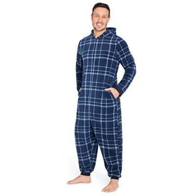 Image of CityComfort Onesies for Men and Teens, Loungewear Fleece Pyjamas All in One Jumpsuit Nightwear (Navy Check, XL)