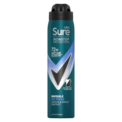 Image of Sure Men Nonstop protection Invisible Ice Fresh Antiperspirant Aerosol deodorant that protects against white marks and yellow stains for 72 hour sweat odour 250 ml