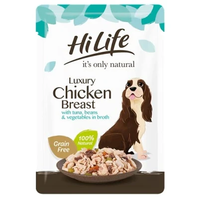 Image of HILIFE it&#039;s only Natural Wet Dog Food Luxury Chicken Breast, Tuna, Beans, Vegetables in Broth 100% Grain Free, 15 Pouches x 100g