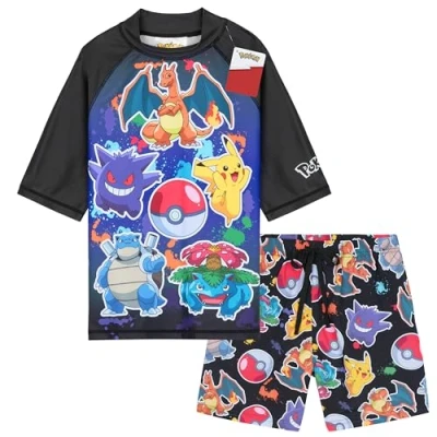 Image of Get Trend Pokemon Swimsuit Set for Boys Teens Anime 2 Pcs with Swimming Trunks Pikachu Gengar Rash Vest Beach Trip Holiday Essentials (11 12 Years, Multi Pokemon)