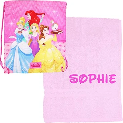 Image of TeddyTs Personalised Princess School Drawstring Bag and Swimming Towel (Baby Pink)