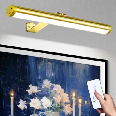 Image of CHENBEN Wireless Picture Lights for Wall with Remote,666LM Full Metal Aluminium Dart Board Lighting,Dimmable Timable Battery Operated Light,Magnetic Light Art/Painting/Poster,Gold