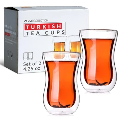 Image of Verre Collection Double Wall Turkish Tea Glass Cups, Set of 2, 4.25oz, Cups for Hot Drinks, Ideal Glasses. Insulated Tea, Thermo Cups,125 ml