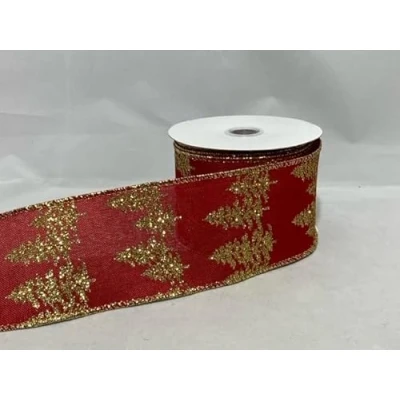 Image of 2 Meters x 38mm Wired Ribbon RED and Gold Christmas Trees Hessian Style 3.8cm