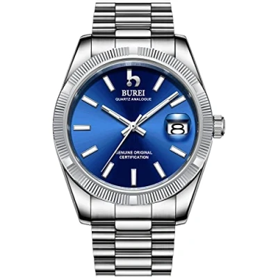 Image of BUREI Men Quartz Wrist Watch Blue Analog Dial with Date Window Sapphire Crystal Lens Silver Stainless Steel Case and Band