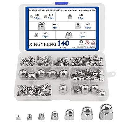 Image of BGTXINGI 140Pcs 7Kinds 304 Stainless Steel M3 M4 M5 M6 M8 M10 M12 Acorn Cap Nut Decorative Hex Dome Nuts Assortment Kit