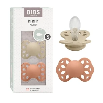 Image of BIBS Infinity Soother 2 Pack, BPA Free, Symmetrical Nipple. Silicone, Made in Denmark, 6 18 Months (Pack of 2), Vanilla/Peach