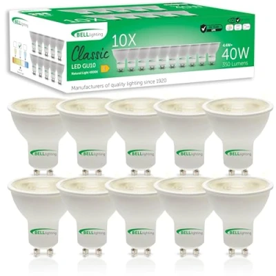 Image of Bell Lighting GU10 Dimmable LED Bulb 10 Pack Cool White 4000K 350 Lumen 4.4W Energy Saving Light Bulbs 50W Halogen Spotlight Equivalent 38 Wide Beam