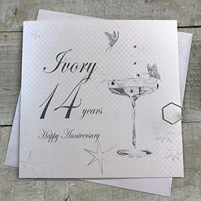 Image of White Cotton Cards BD114C Coupe Glass &quot;Happy Anniversary &#039;Ivory&#039; 14 Years&quot; Handmade Card,