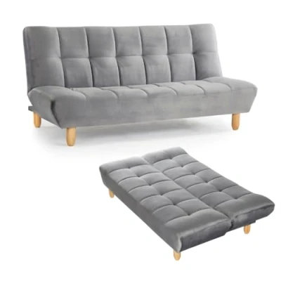 Image of Home Detail 3 Seater Sofa Bed Grey Velvet Recliner Sofabed Clic Clac Wooden Legs Tufted Back