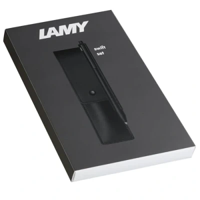 Image of Lamy swift matt black rollerball pen gift set with fluid writing metal body &amp; line width B incl M 66 refill in blue leather case