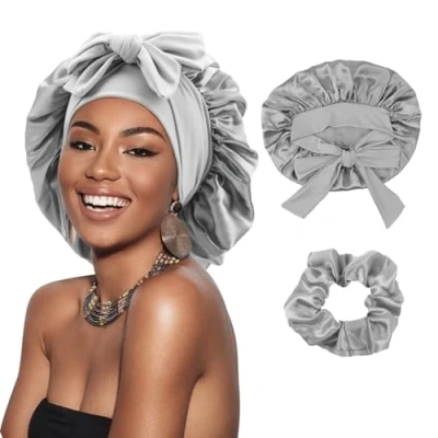 Image of DRESHOW Satin Braid Bonnet for Women Silk Sleeping Sleep Cap with Elastic Tie Band Night Long Curly Hair Locs