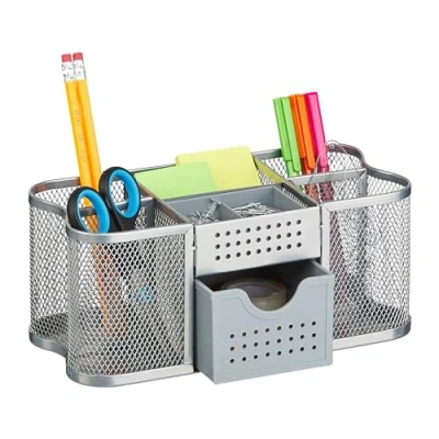 Image of Relaxdays Mesh Desk Organiser, Drawer, Pot, Pen Holder, Steel, HBT 10 x 23.5 11.5 cm, Silver
