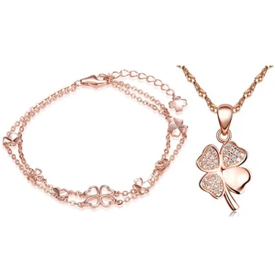 Image of Yumilok Jewelry 925 Sterling Silver Jewellery Sets Rose Gold Plated Lucky Four Leaf Clover Necklace and Bracelets Set for Women/Girls