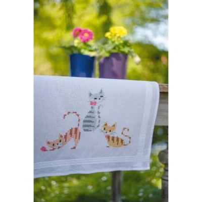 Image of Vervaco Table Runner Cross Stitch Set Cats with Stripes Embroidery Picture Printed