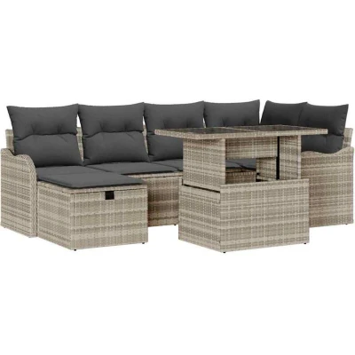 Image of vidaXL 7 Piece Garden Sofa Set with Cushions Light Grey Poly Rattan