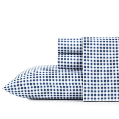 Image of Poppy &amp; Fritz Percale Collection Bed Sheet Set 100% Cotton, Crisp Cool, Lightweight Moisture Wicking Bedding, Queen, Gingham Plaid