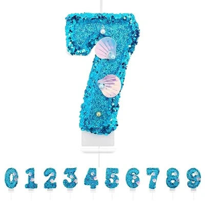 Image of Number 7 Candle,Blue Mermaid Birthday Candles for Girl,Cake Topper Decoration Girls Party