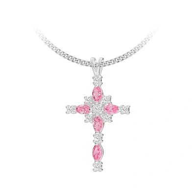 Image of Tuscany Silver Women&#039;s Sterling Pink and White Cubic Zirconia 22 x 37 mm Cross Pendant Curb Chain Necklace of Length 46 cm/18 Inch