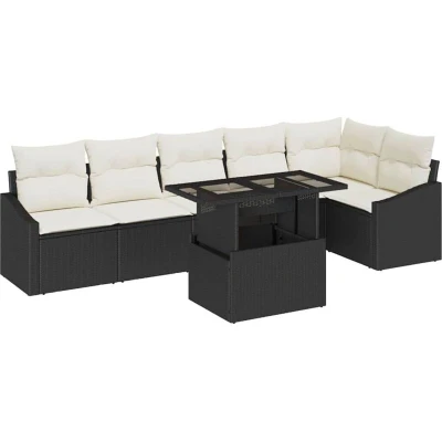 Image of vidaXL 7 Piece Garden Sofa Set with Cushions Black Poly Rattan