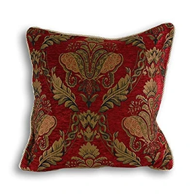 Image of Riva Paoletti Shiraz Square Feather Filled Cushion Red Embroidered Damask Jacquard Gold Piped Edges Reversible Zip Closure 100 Case (18&quot; x 18&quot; inches), Polyester, Burgundy, 45 45cm