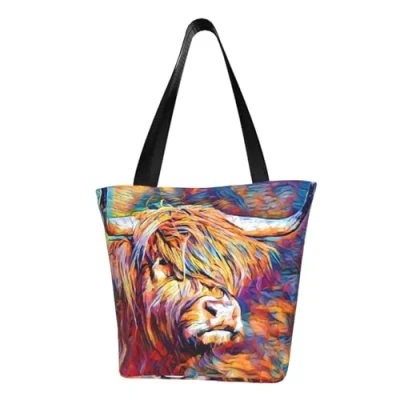 Image of FLYIFE Highland Cow Printed Tote Shopping Bag Reusable Eco Friendly Shopper Bags