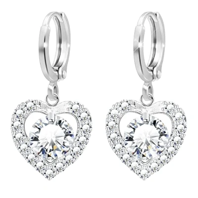 Image of KristLand Heart Hoop Earrings White Gold Plated with Sparkly Cubic Zirconia Silver Tone Dangle Party Wedding Birthday Gift for Women Ladies Girls