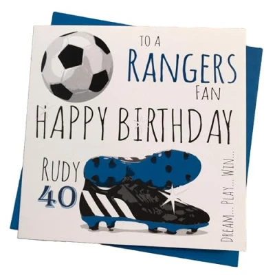 Image of WHITE COTTON CARDS PERSONALISED Rangers FC Gers Light Blues Football Club Fan Birthday Card (8 PER)