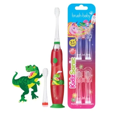 Image of KidzSonic Dinosaur Electric Toothbrush with 4 Pack Replacement Brush Heads Roaring Fun and Effective Oral Care for Kids, Encouraging Bright Smiles