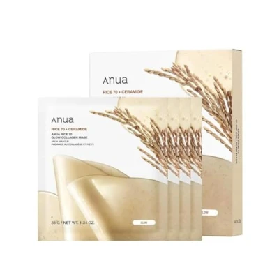 Image of ANUA Rice 70 Glow Collagen Mask, Overnight Face Mask for Glass Skin, Ceramide, Facial Skin Moisture Barrier, Tightening Care, Natural Color, Korean 38g/4ea