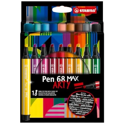 Image of Premium Fibre Tip Pen with Chisel STABILO 68 MAX ARTY Pack of 18 Assorted Colours