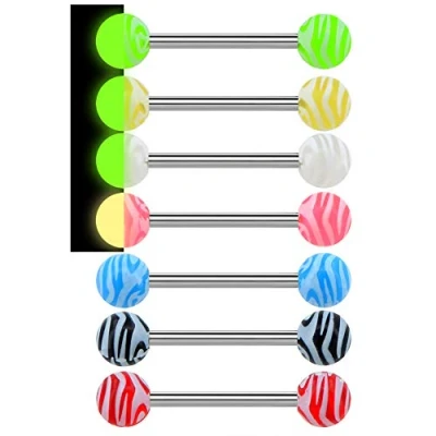 Image of OUFER 7Pcs 14G 316L Stainless Steel Tongue Bars Candy Color Piercings Glow in the Dark Barbell