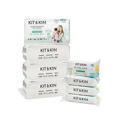 Image of Kit &amp; Kin Premium Eco Friendly and Sustainable Starter Pack Bundle Baby Nappies Wipes Hypoallergenic with Flash Dry High Performance Layer Size 1 160 Nappies, 240
