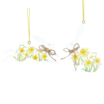 Image of Gisela Graham Daffodil White Wooden Hare Easter Decorations set of two