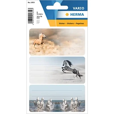 Image of HERMA 1859 Book Labels for Labelling, Horses (76 x 35 mm, 9 Name Stickers, Paper, Matte) Self Adhesive, Permanent Adhesive School Books, Notebooks, Boxes, Household, Colourful