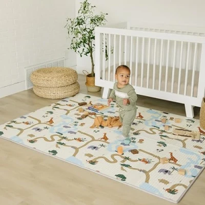 Image of Bubba Bear Baby Play Mat, Floor Foam Playmats for Babies, Foldable Matt Gyms Playmat Kids &amp; Infants, Large Padded Waterproof Mats Crawling Playing, Soft Folding (Beige Safari, 200 x 150 cm)