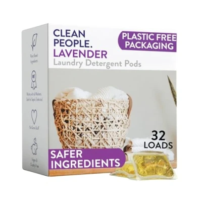 Image of Clean People Laundry Washing Capsules Plant Based, Hypoallergenic Ultra Concentrated, Plastic Free, Recyclable Packaging, Stain Fighting Lavender, 32 Pack