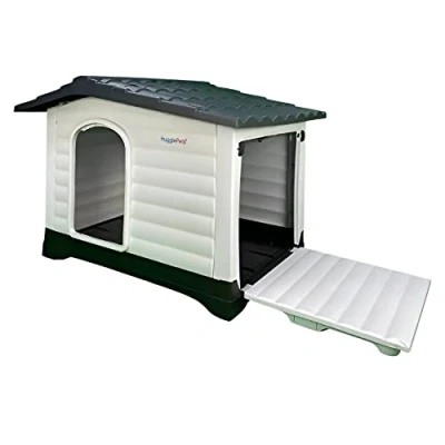 Image of HugglePets Plastic Dog Kennel With Ramp Door Easy Clean Pet House Outdoor Weatherproof Animal Shelter (Grey Roof)