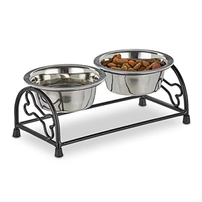 Image of Relaxdays Set Ornate Iron Holder, Stand Dogs &amp; Cats, 2 Stainless Steel Bowls, Pet Bar, Black/Silver, je 300 ml