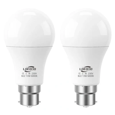 Image of LOEODO B22 Bayonet LED Bulbs 100W Equivalent, 13W Light Bulb, 1200 Lumens, 6000K Cool White, A60 Energy Saving Lightbulbsb, Non Dimmable, Pack of 2