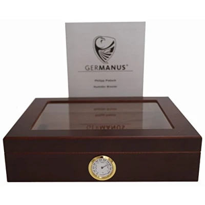 Image of GERMANUS Cigar Humidor for Approx. 30 Cigars, Dark Brown, with Hygrometer and Humidifier Manual