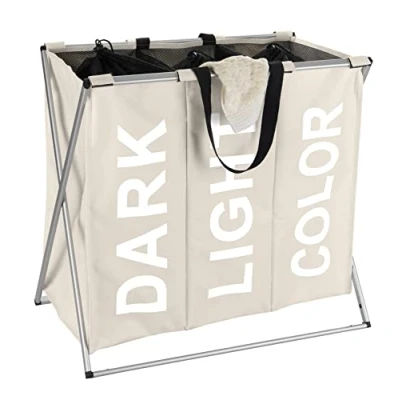 Image of WENKO 3440113100 laundry collector Trio Beige 3 compartments, capacity 130 L, Polyester, 63 x 57 38 cm