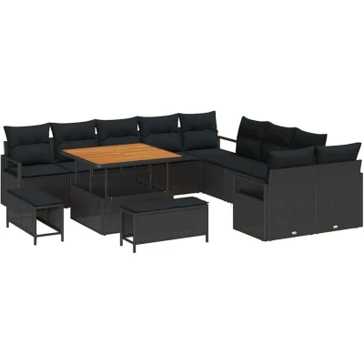 Image of vidaXL 13 Piece Garden Sofa Set with Cushions Black Poly Rattan Acacia