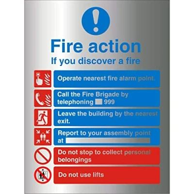 Image of Seco Fire Action If You Discover A With Do Not Use Lifts Warning Sign, 210mm x 300mm 1.5mm Brushed Aluminium Composite