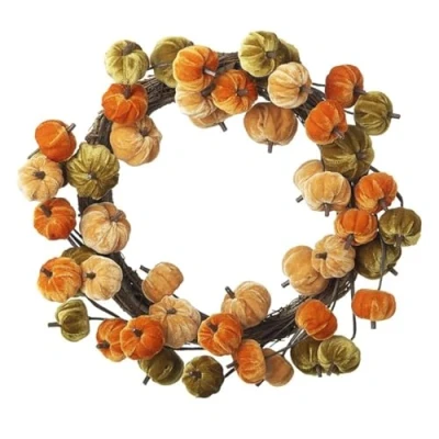 Image of Heaven Sends Green and Orange Velvet Pumpkin Halloween Wreath