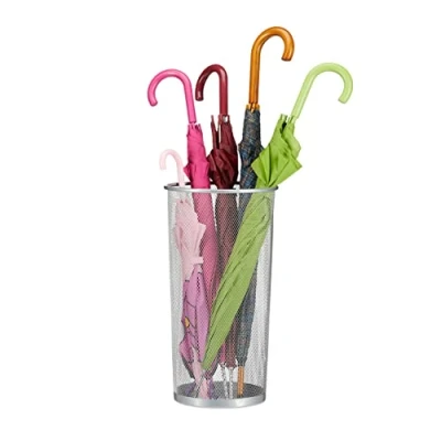 Image of Relaxdays Metal Umbrella Stand, Walking Stick Holder, Mesh, 26cm Ø, 50 cm Tall, Silver