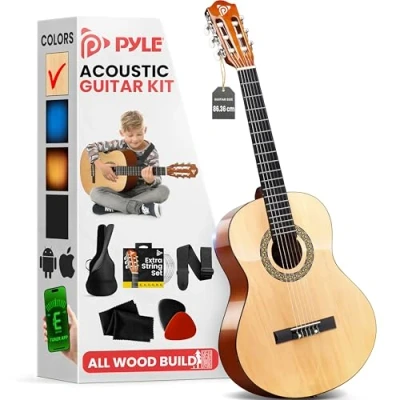 Image of Pyle Beginner Acoustic Guitar Kit, 3/4 Junior Size Instrument for Kids, Adults, 34 Natural Gloss